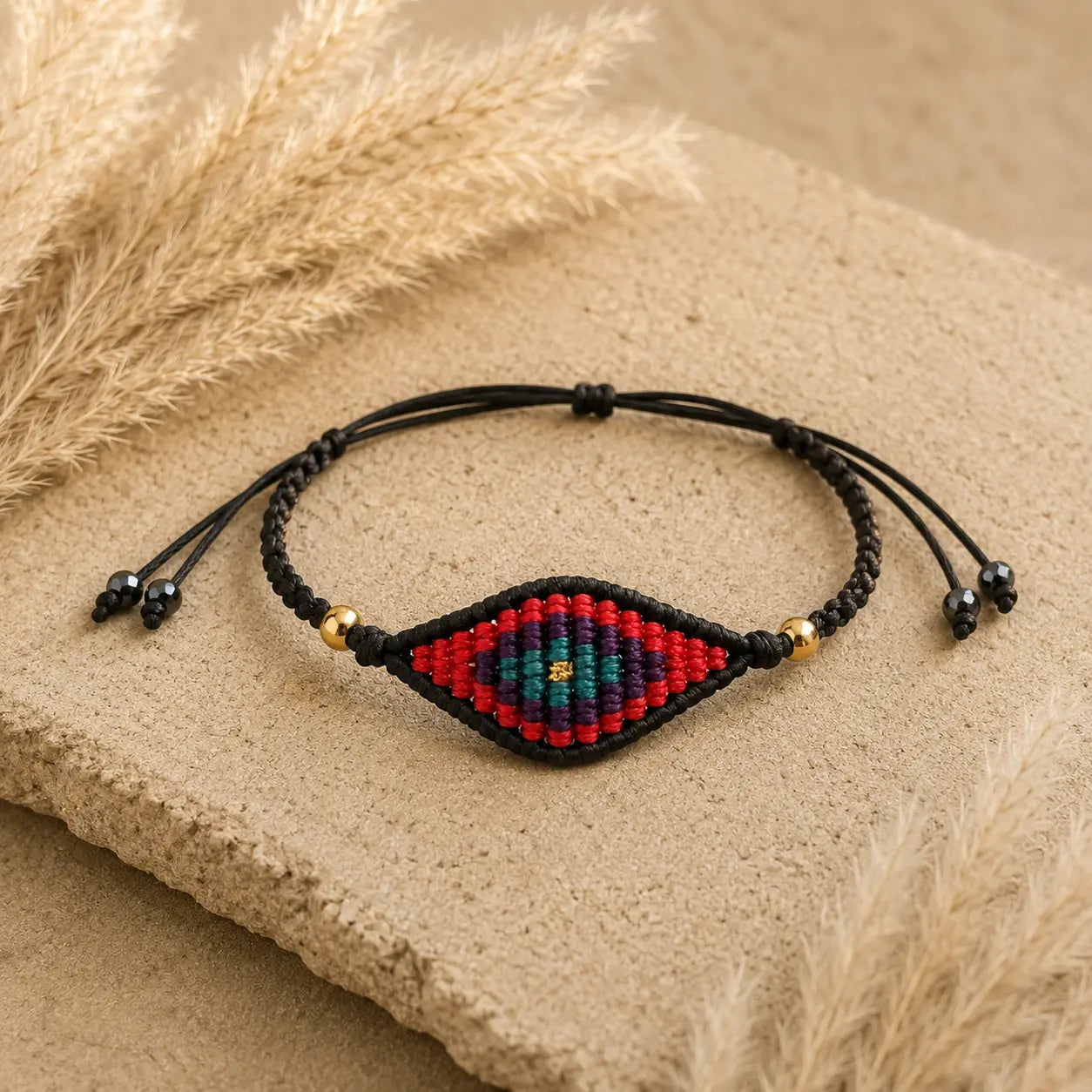 Χειροποίητο Βραχιόλι Macramé "Evil Eye Red" — Μαύρο Μάτι σε Κόκκινο, Μωβ & Τιρκουάζ