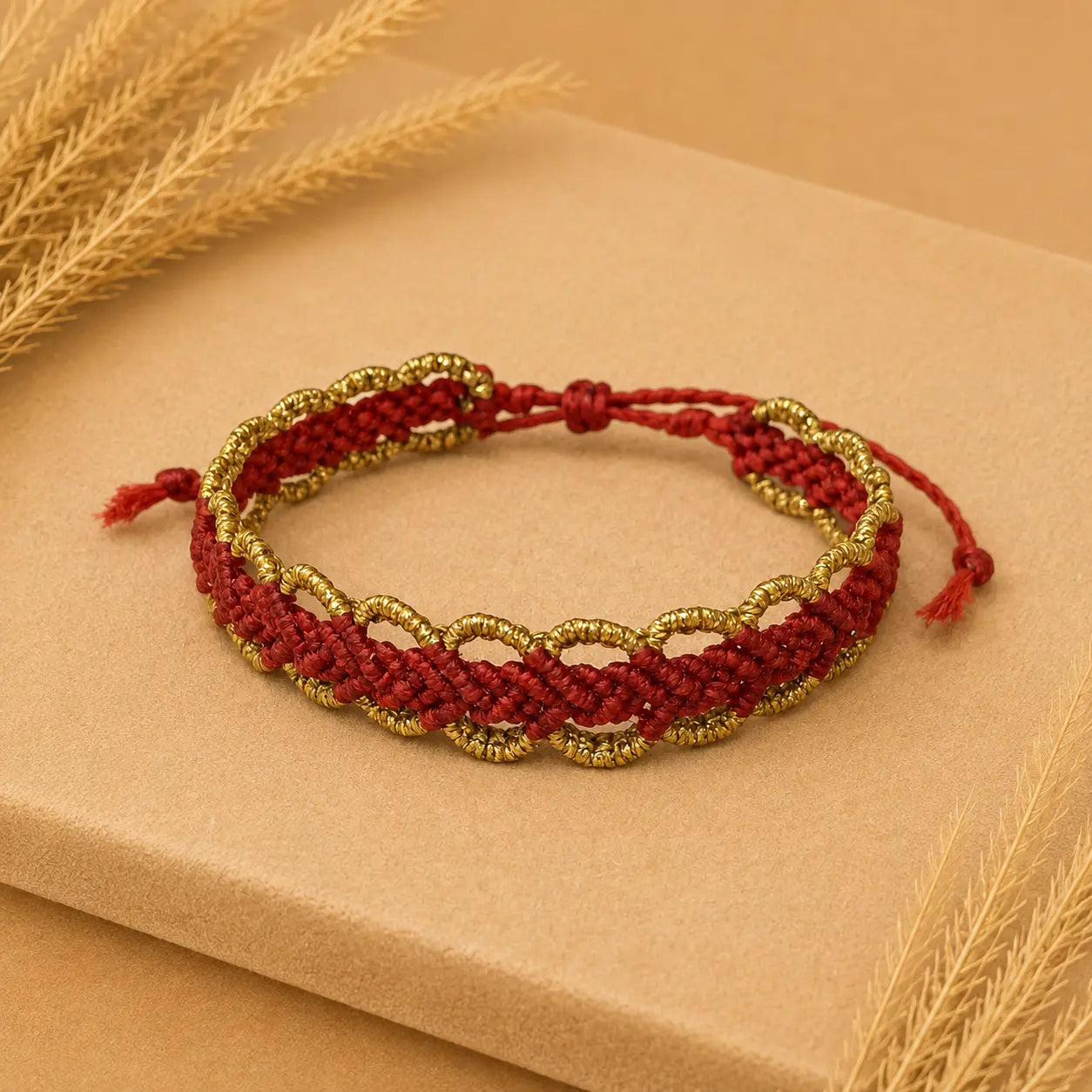 Bordeaux Golden Lace Macramé Βραχιόλι – Χειροποίητο