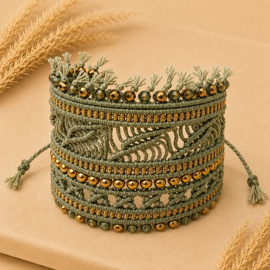Boho Olive Macramé Χειροποίητο Βραχιόλι