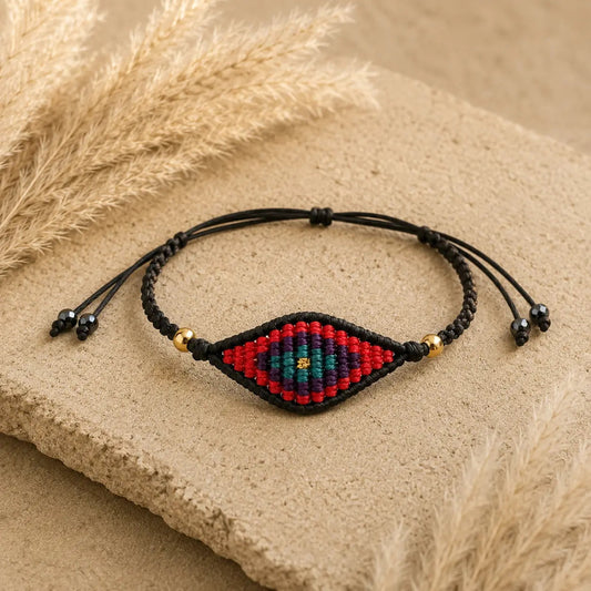 Χειροποίητο Βραχιόλι Macramé "Evil Eye Red" — Μαύρο Μάτι σε Κόκκινο, Μωβ & Τιρκουάζ
