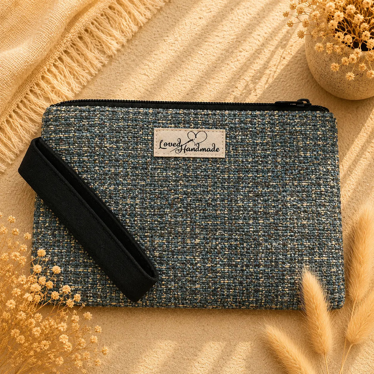 Χειροποίητο Τσαντάκι Καρπού – Teal Tweed