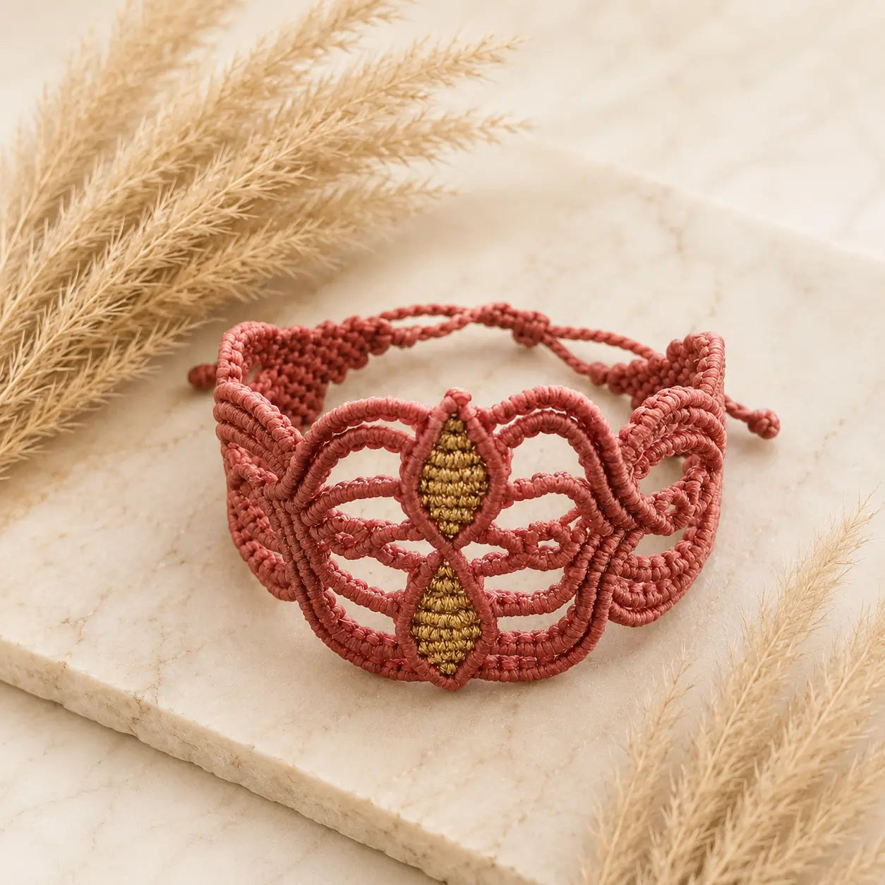 Χειροποίητο Βραχιόλι Macramé "Lotus Terracotta" — Κεραμίδι με Χρυσό Κέντρο