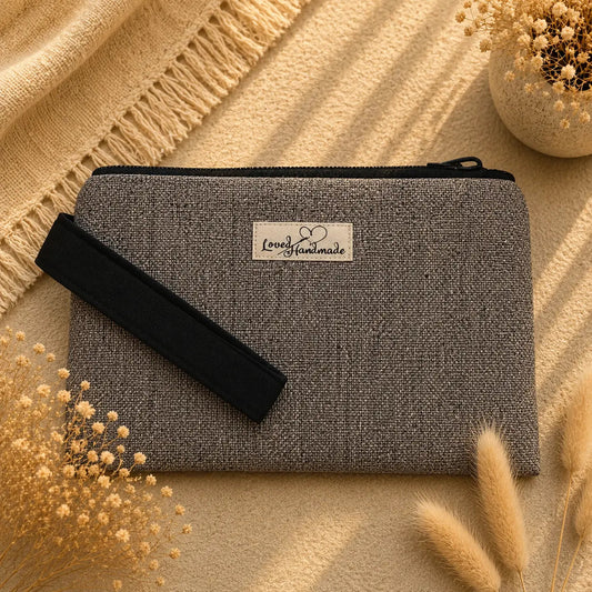 Χειροποίητο Τσαντάκι Clutch – Λινό Γκρι-Μπεζ με Λουράκι