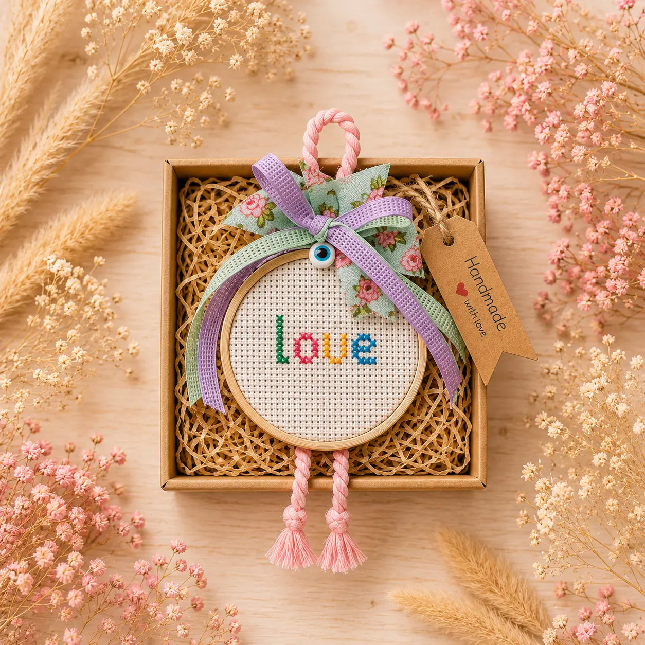 Χειροποίητο Κέντημα Γούρι Γεννητούρια Love σε Συσκευασία Δώρου